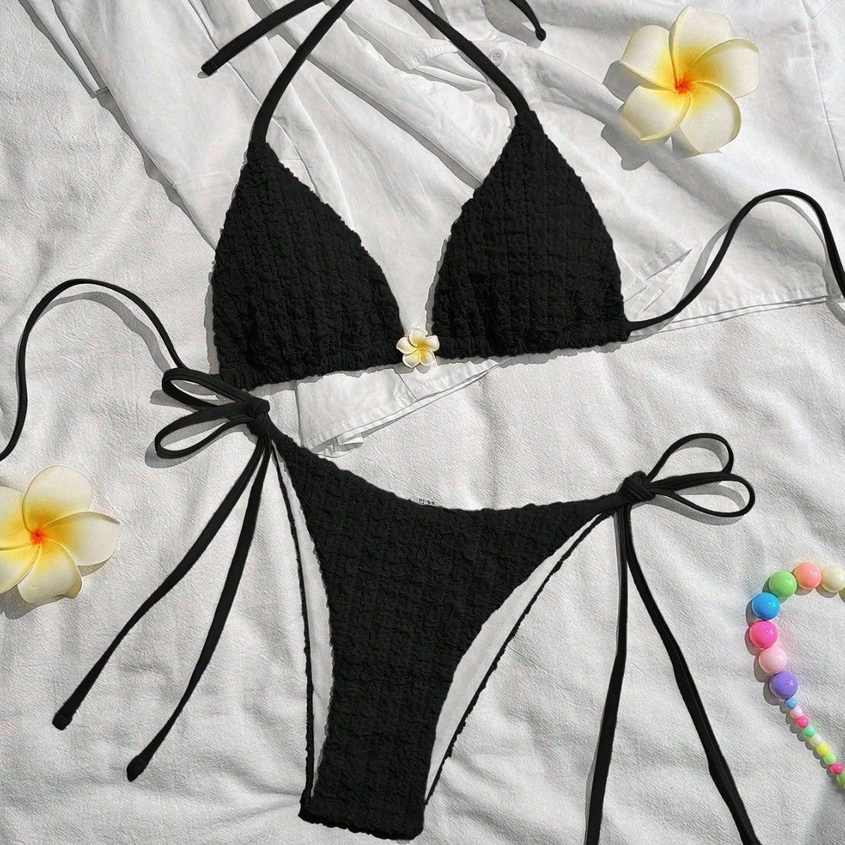 Swimwear Solid Color Lace up Halterneck Sexy Suspenders Bikini Split Swimsuit