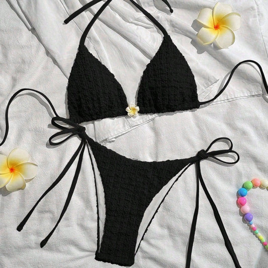 Swimwear Solid Color Lace up Halterneck Sexy Suspenders Bikini Split Swimsuit