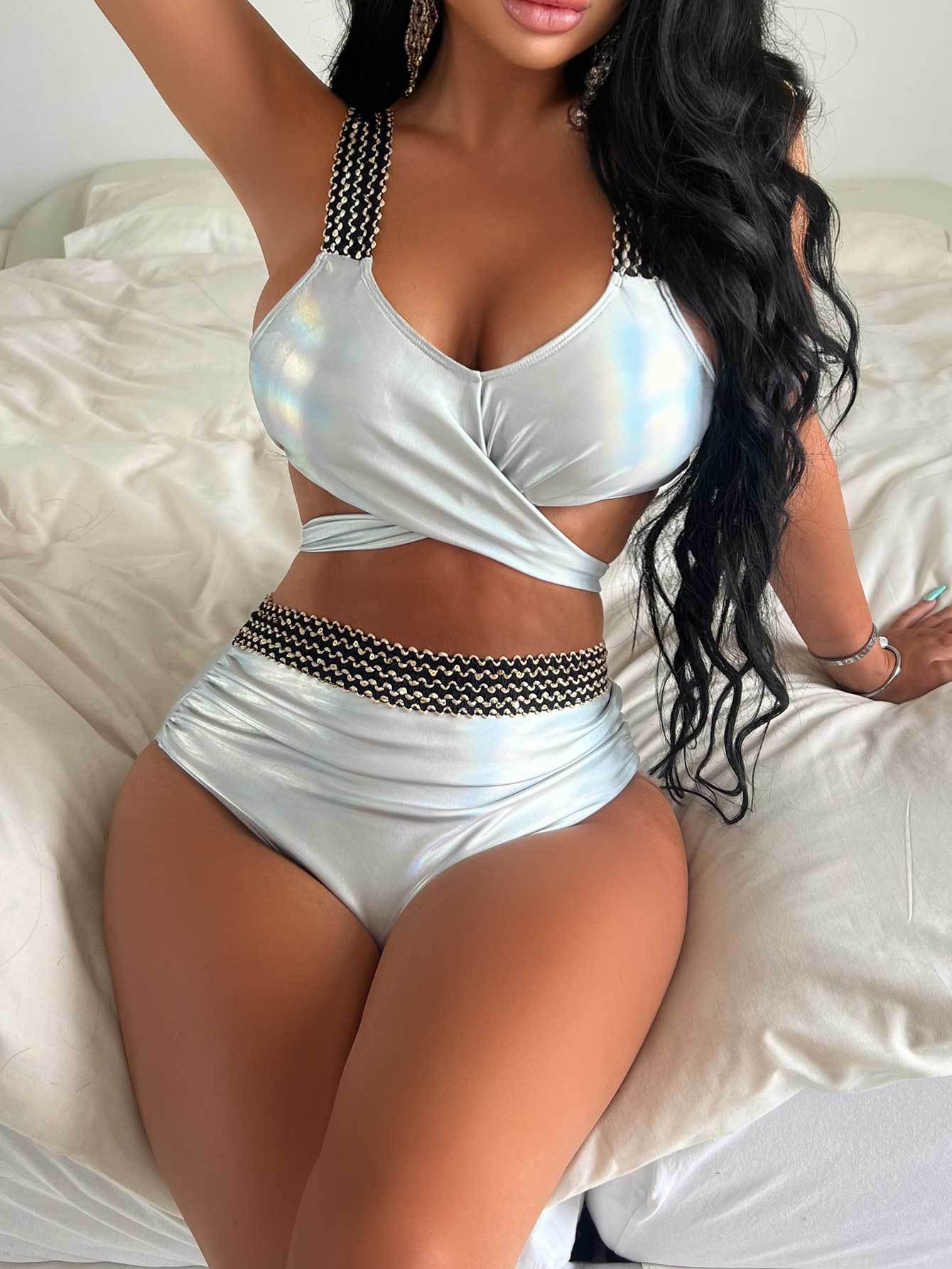 Metallic Coated Fabric Bikini Split Swimsuit Women Cross High Waist Swimsuit Gold Silk Belly Covering Vest Split Bikini