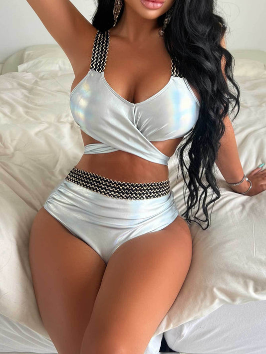 Metallic Coated Fabric Bikini Split Swimsuit Women Cross High Waist Swimsuit Gold Silk Belly Covering Vest Split Bikini