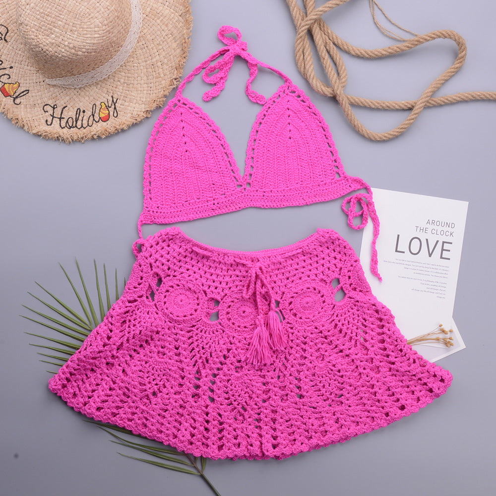 Hollowed out Lotus Bud Short Skirt Split Hand Woven Beach Swimsuit Vacation Two Piece Sets