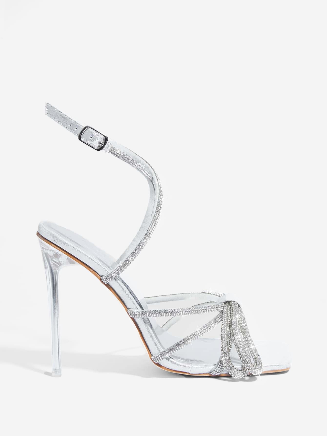 Summer High Heel Sandals Women Square Toe Rhinestone Bow Heels 11cm Stiletto Heel Women