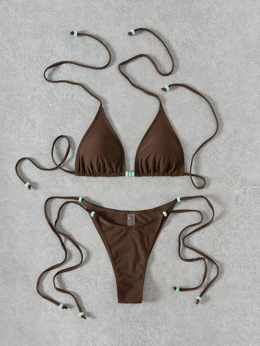 Bikini Solid Color Beaded Lace up Sexy Split Bikini Swimsuit Swimwear Women