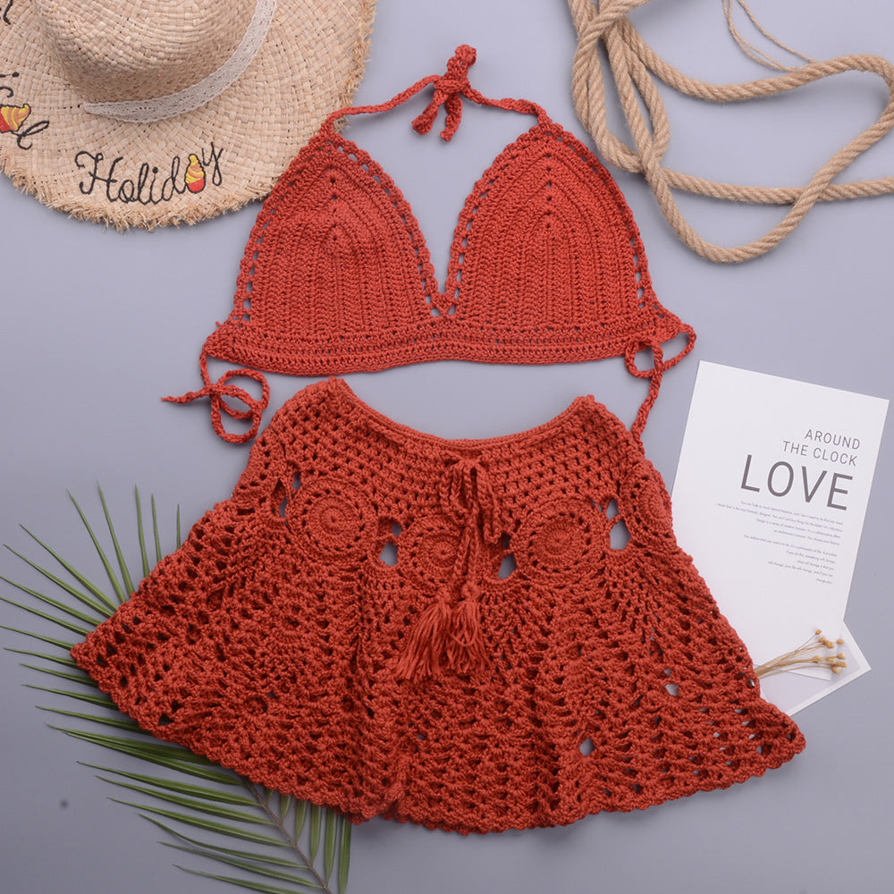 Hollowed out Lotus Bud Short Skirt Split Hand Woven Beach Swimsuit Vacation Two Piece Sets
