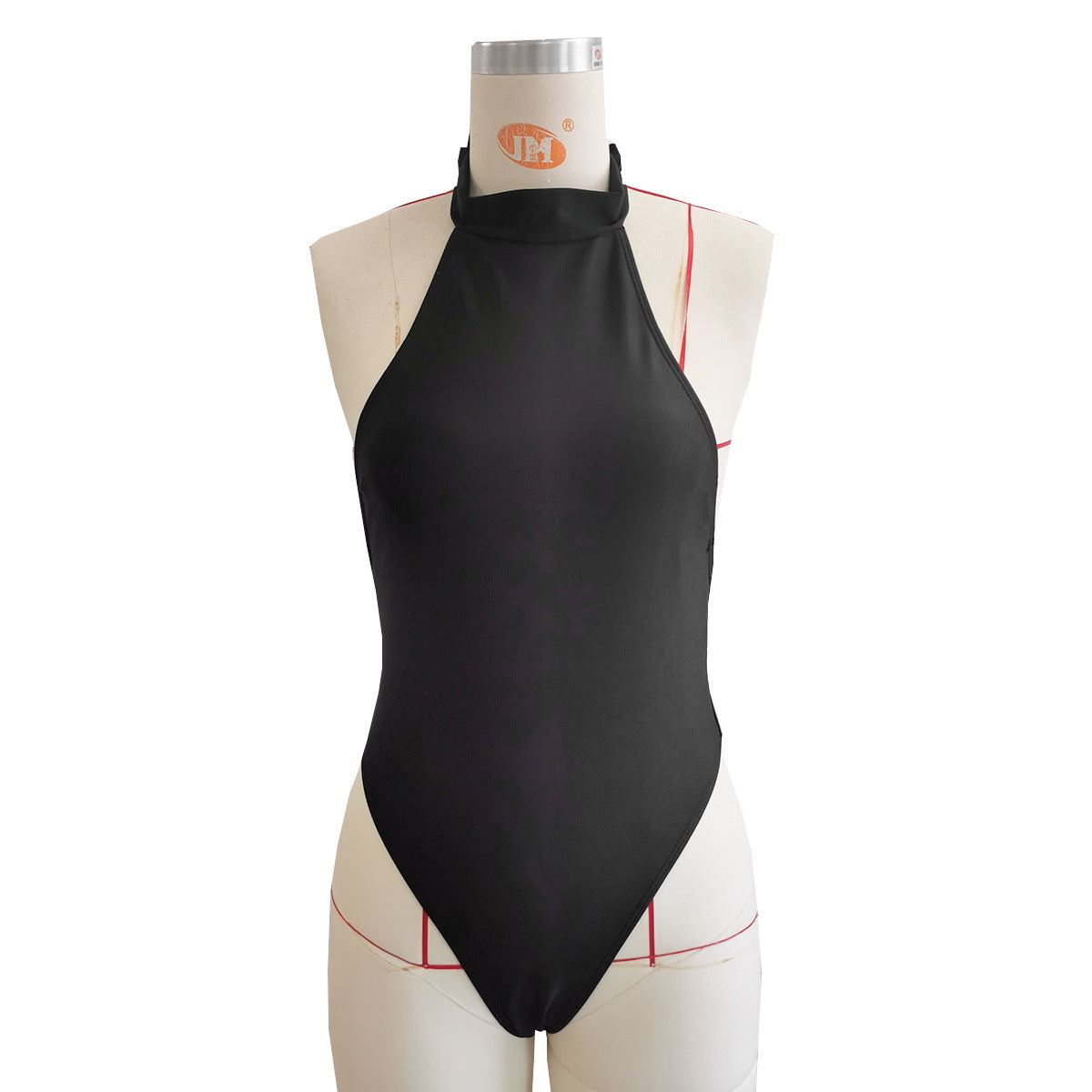 Pure Black One Piece Swimsuit Women Diamond Chain Sexy Backless One Piece Halter Strap Swimming