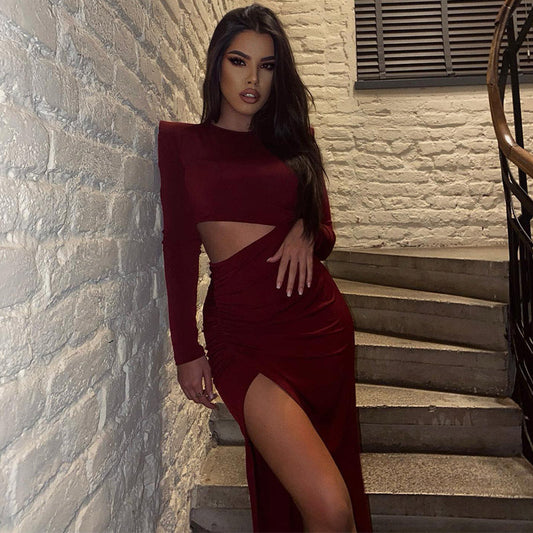 Elegant Women round Neck Long Sleeve Hollow Out Cutout out Split Red Retro Slim Fit Sexy Dress