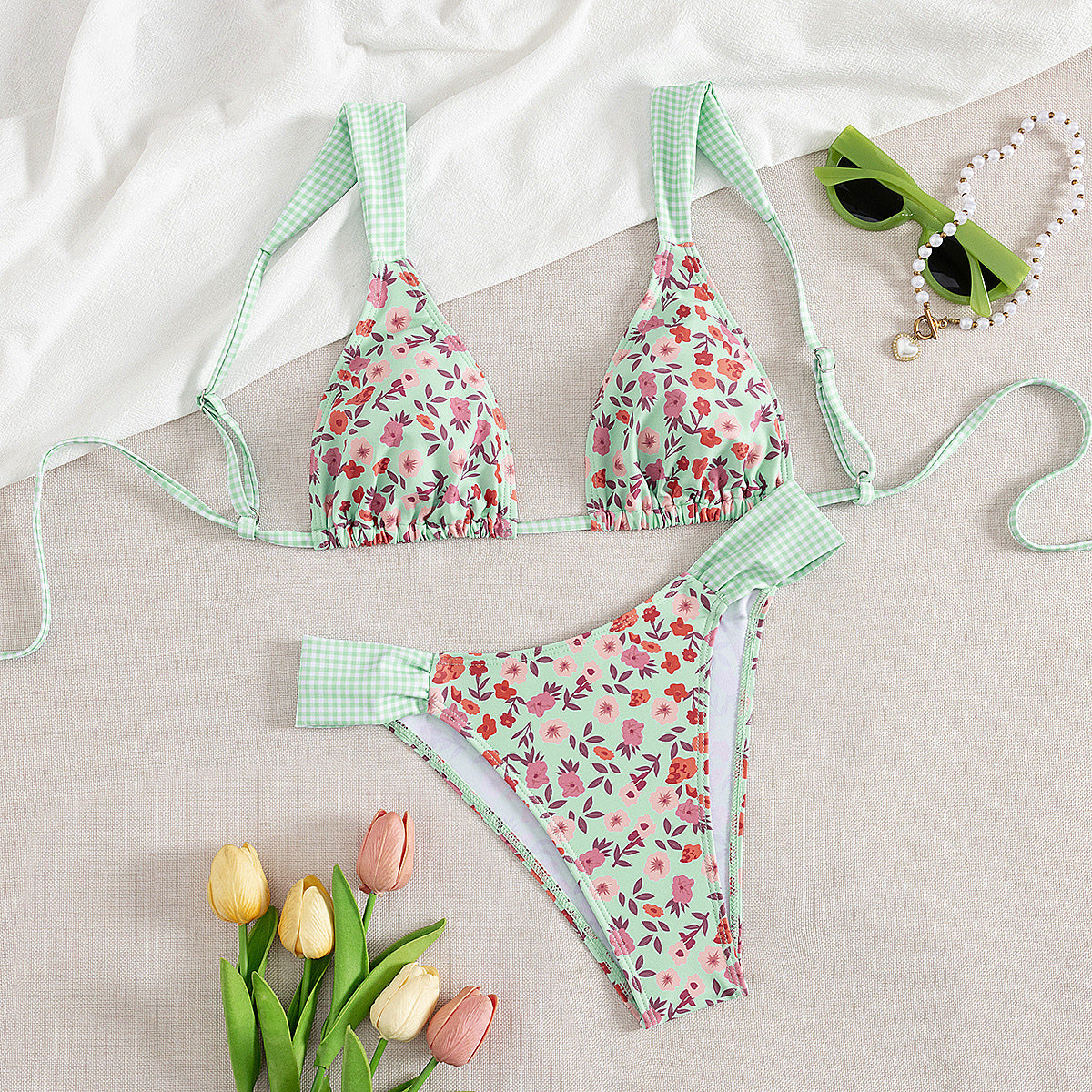 Split Printed Swimsuit Ladies Belt Chest Pad Sexy Bikini Floral Bikini Swimsuit