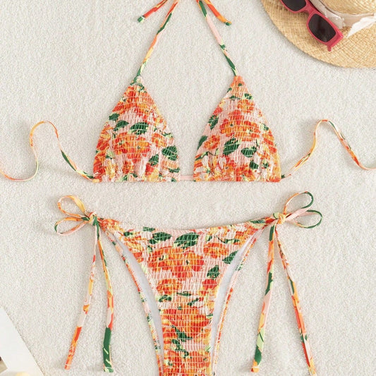Smocking Sexy Lace up Bikini Split Swimsuit Women Fold Floral Halter Swimsuit Bikini