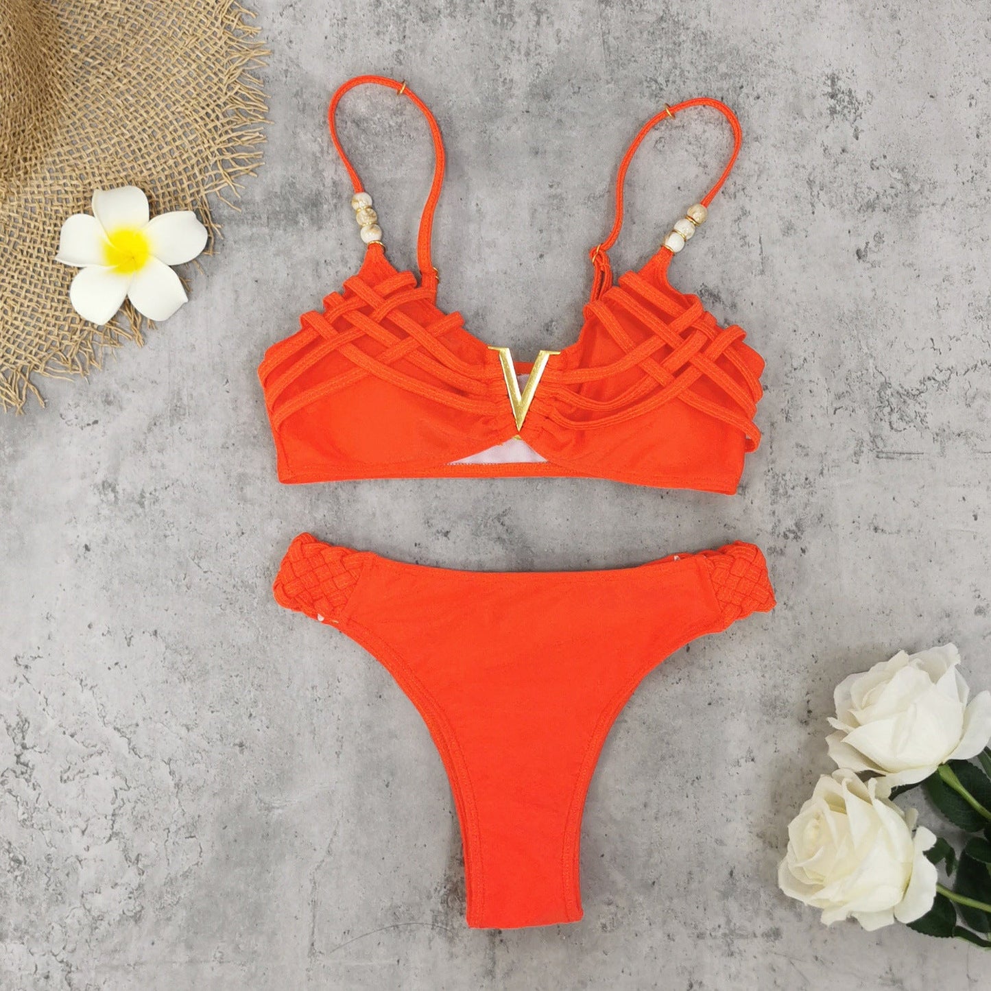 Solid Color Backless Sexy Split Swimsuit Women Bikini Woven