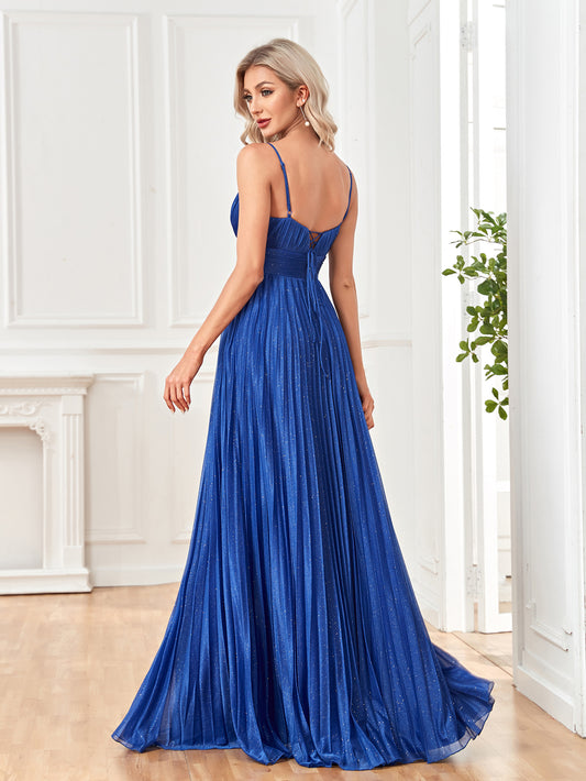 Metallic Pleated Evening Dress