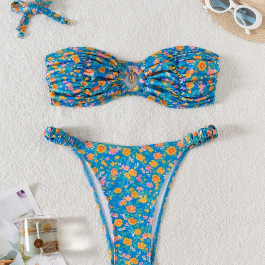 Floral Tie Neck Bikini Sexy Split Swimsuit Women Beach Spring Swimsuit Bikini