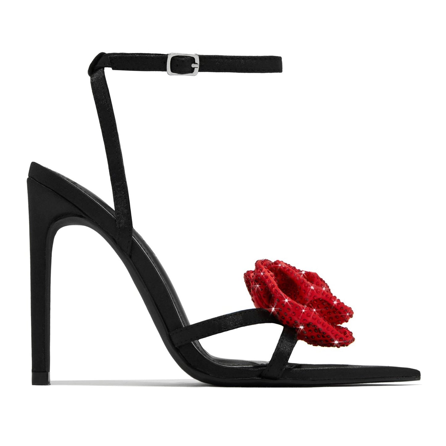 High Heel Sandals Women Heels Black Color 11cm Stiletto Heel Pointed Toe Satin Surface Rhinestone Floral