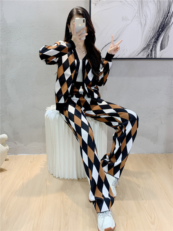 Checkered Cardigan Pants Set