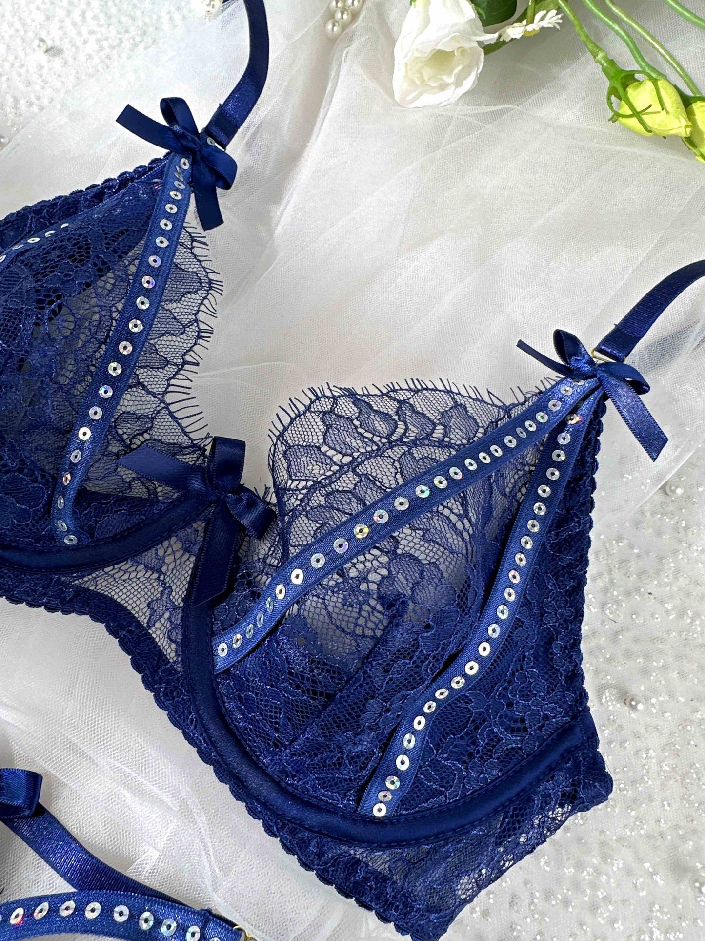 Midnight Sapphire Sparkle Lace Lingerie Set