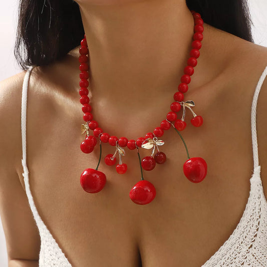 Cherry Charm Beaded Statement Necklace in Cherry - women's necklace