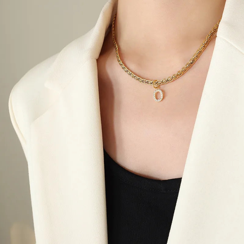 Brass Inlaid Zircon Letter Pendant Necklace in Style O - women's pendant necklace