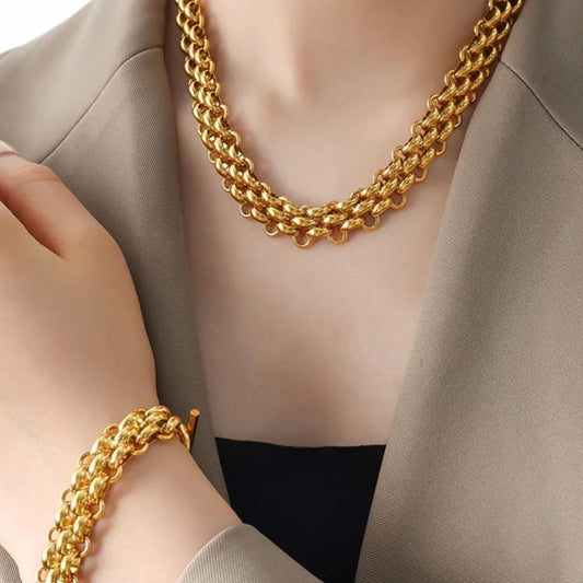 Gold Chain Link Set with Necklace and Bracelet in Gold - women's chain necklace