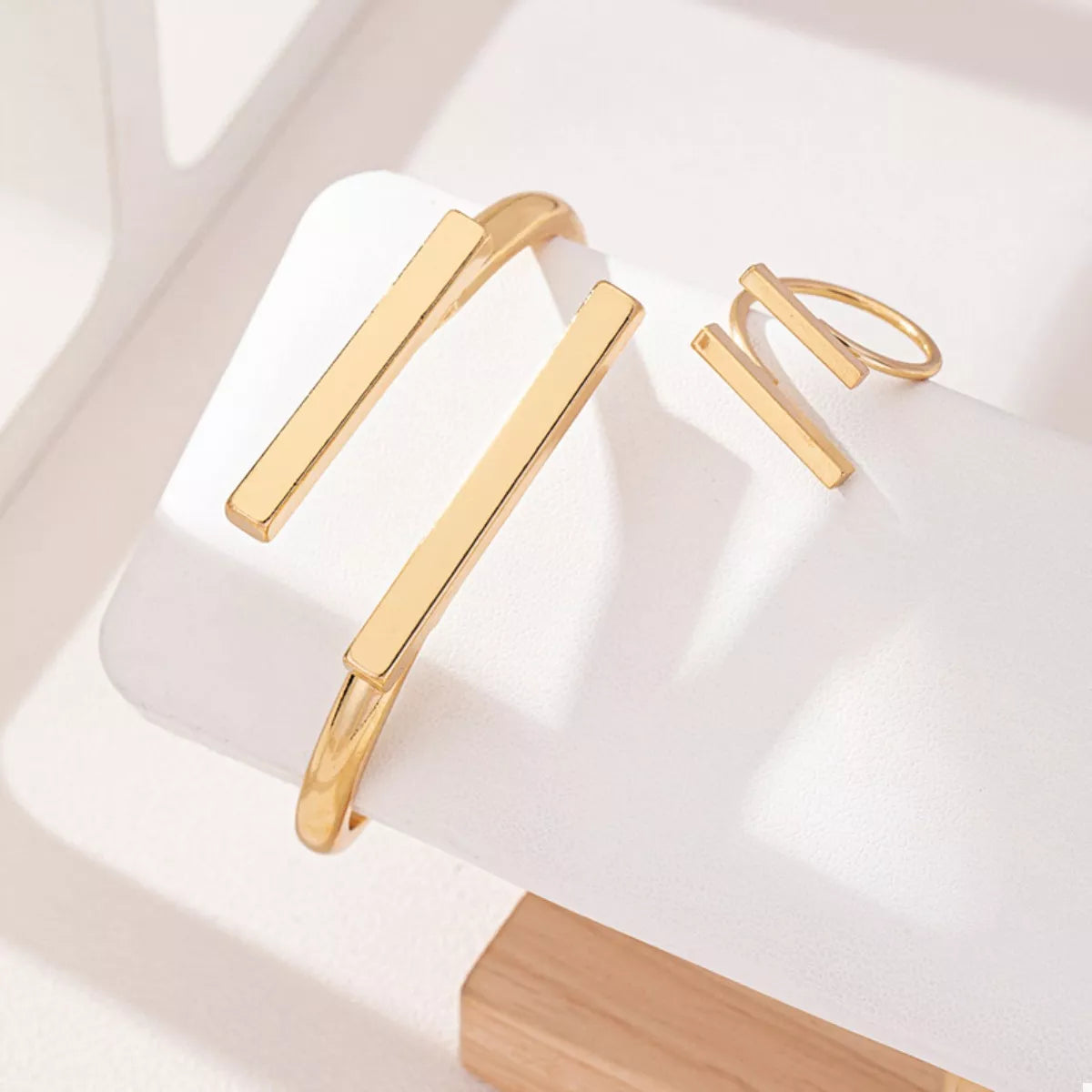 Adjustable 18K Gold-Plated Modern Bar Bracelet & Ring Set - alternate jewelry view