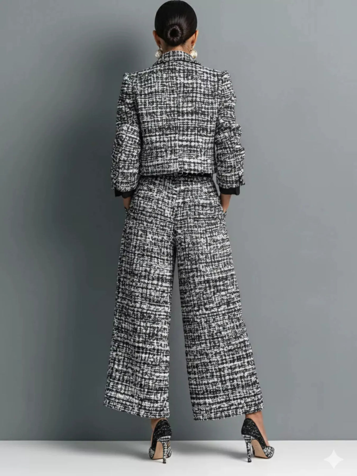 Tweed Cropped Jacket and Wide-Leg Pants Set in Black - Blossom's