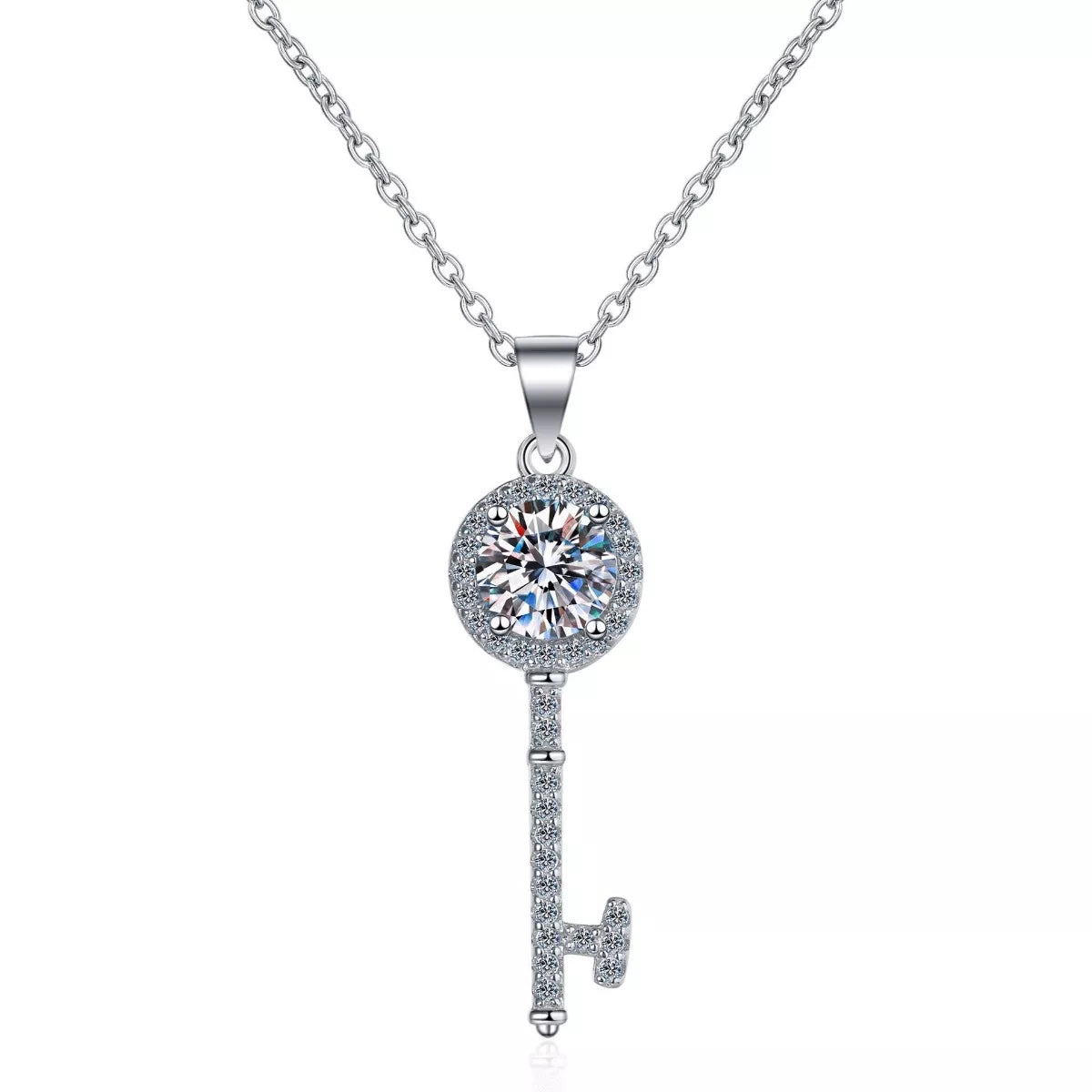1 Carat Sterling Silver Moissanite Key Pendant Necklace - alternate necklace view