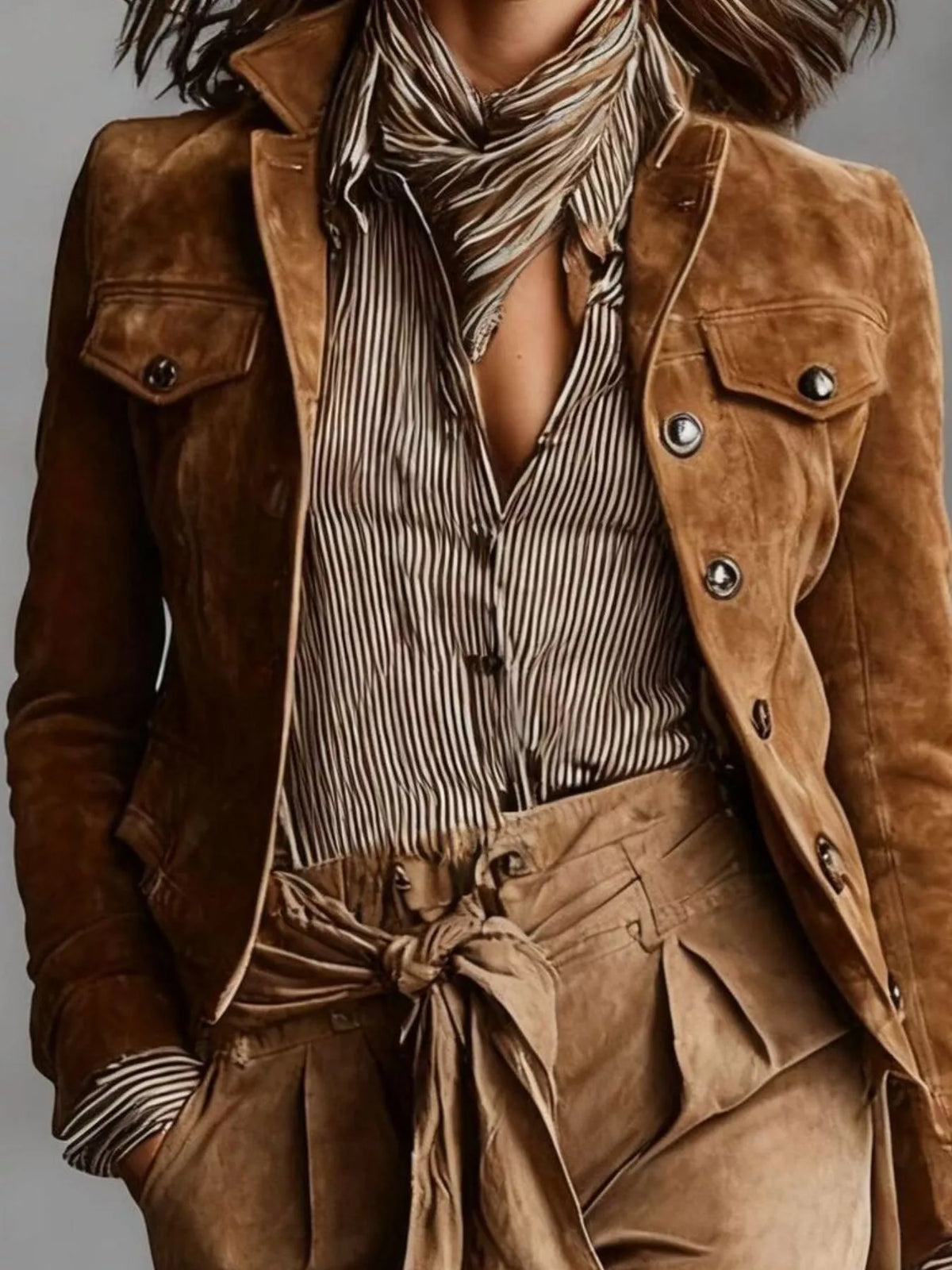 Full Size Suede Utility Blazer with Button-Front Detail Plus Size in Caramel - Blossom's