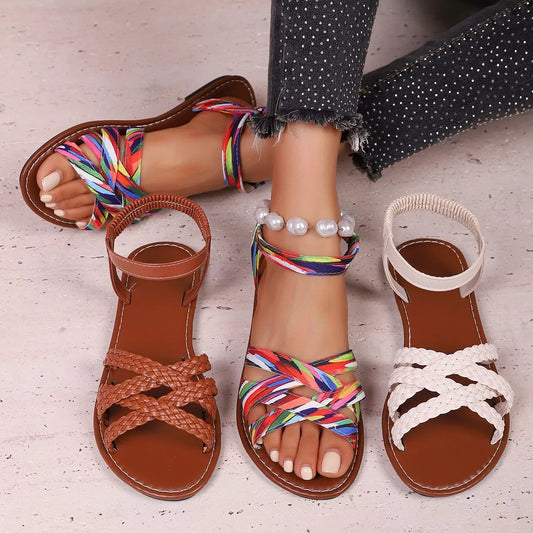 Open-Toe Braided Strap Sandals in Off-white - women's braided sandals