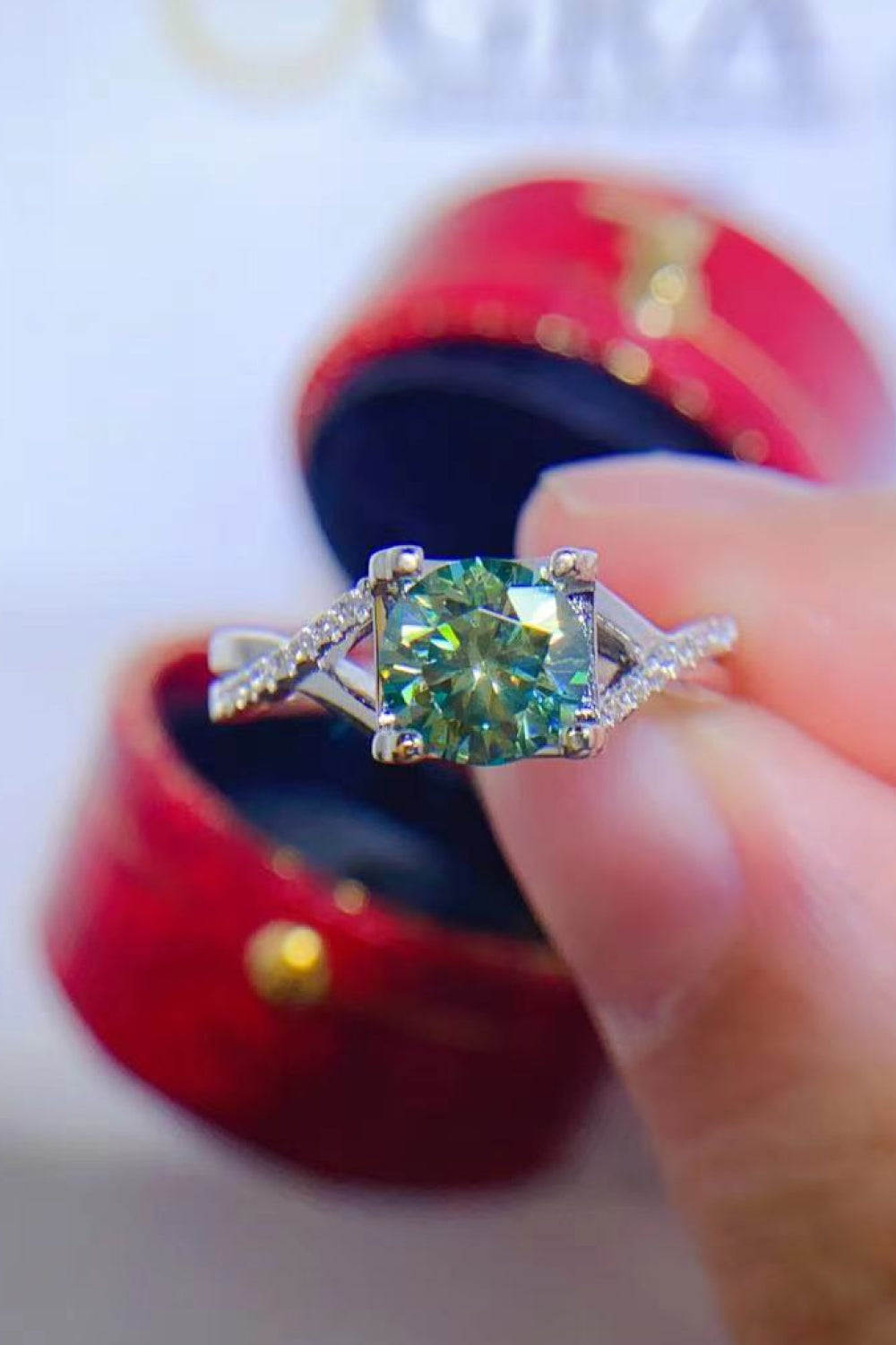 1 Carat Moissanite Sterling Silver Ring in Light Green - women's ring