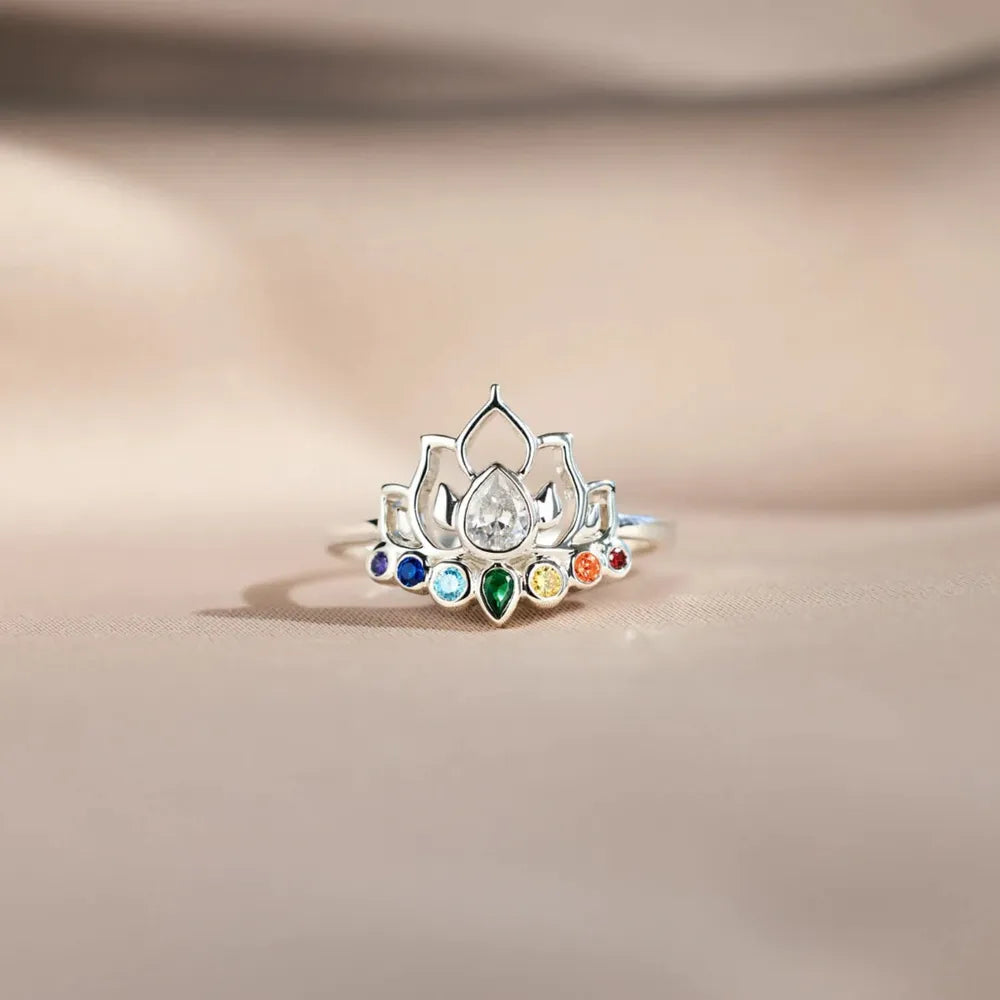 Sterling Silver Inlaid Zircon Lotus Shape Ring in Silver - women's ring