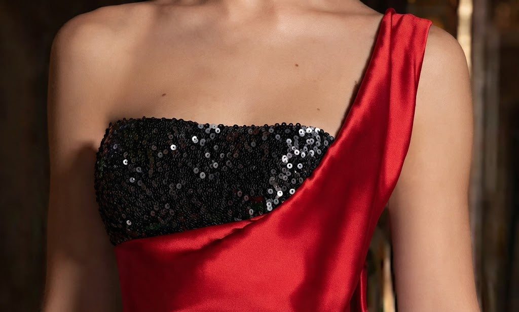 One-Shoulder Sequin Bodice Satin Gown with High Slit