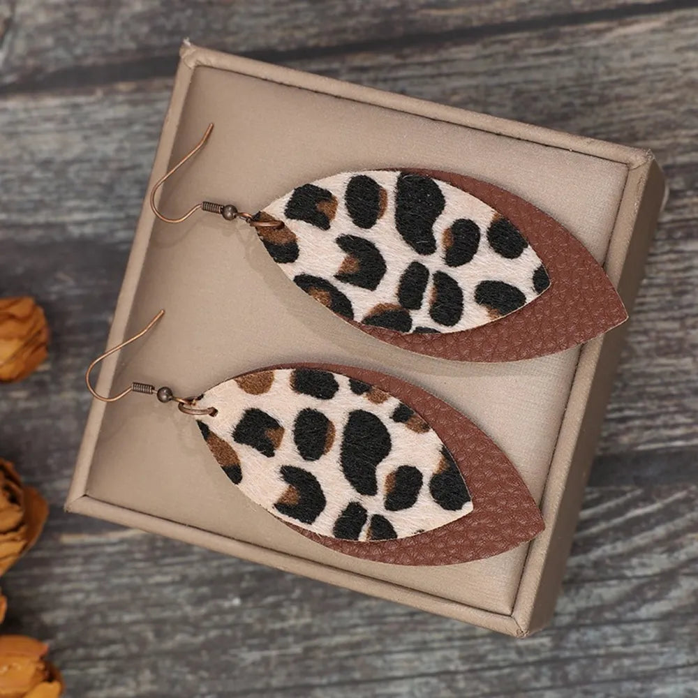 Leaf Shape Leather Dangle Earrings - alternate earring view
