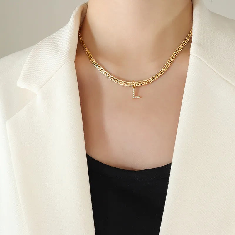 Brass Inlaid Zircon Letter Pendant Necklace in Style L - women's pendant necklace