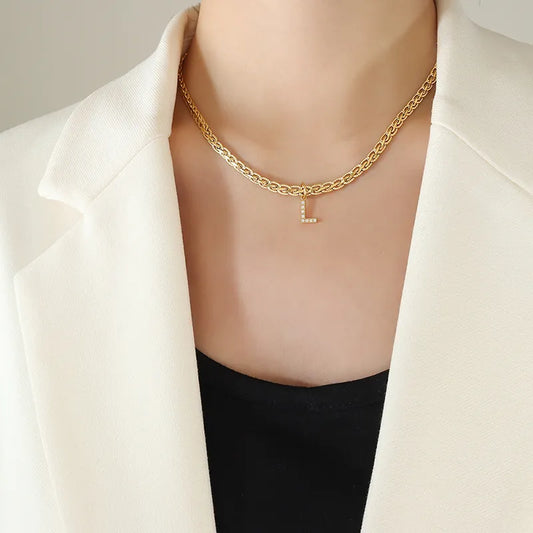 Brass Inlaid Zircon Letter Pendant Necklace in Style L - women's pendant necklace