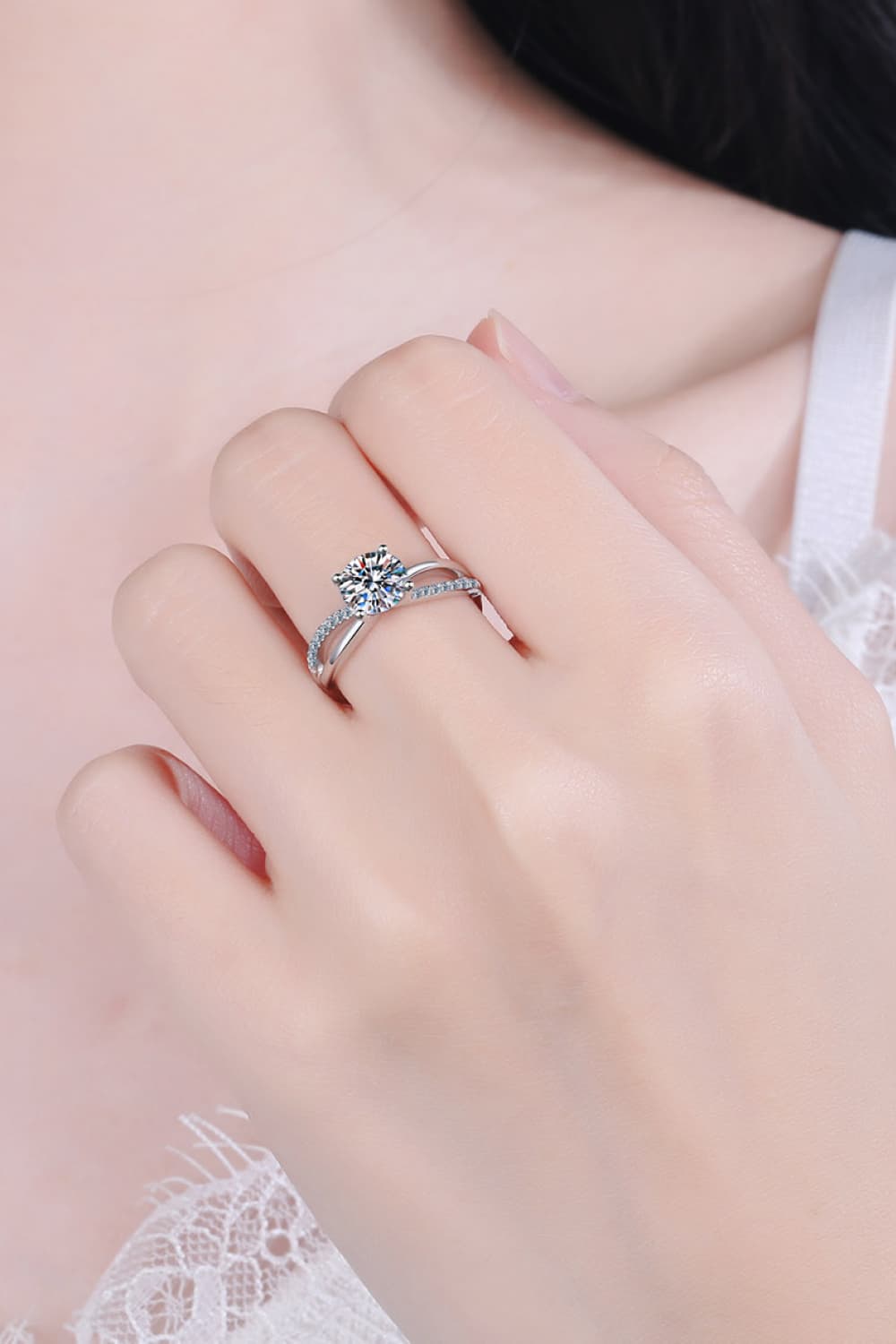 1 Carat Moissanite Crisscross Split Shank Ring in Silver - women's ring