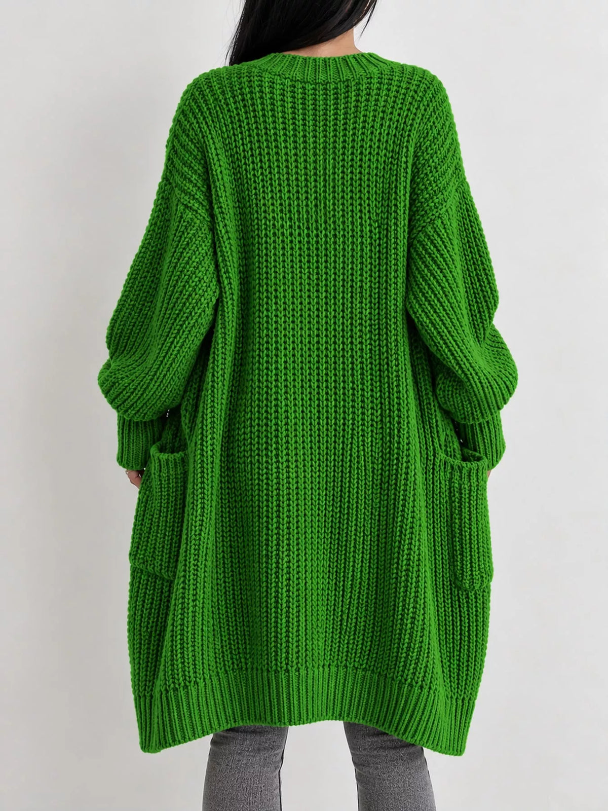 Chunky-Knit Openwork Front Longline Cardigan in Green - women's cardigan