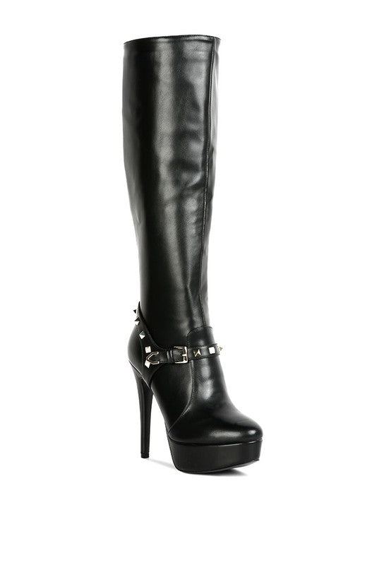 Stud Stiletto Platform Boots with a fierce stiletto heel and platform sole designed to elevate your style. Featuring silver studded harness detail for an edgy touch and a back zipper closure for easy wear. Made with faux leather and a TPR lining, these boots combine stylish design with comfort. Enjoy free shipping on ALL orders. Shop now!