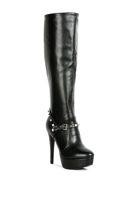 Stud Stiletto Platform Boots with a fierce stiletto heel and platform sole designed to elevate your style. Featuring silver studded harness detail for an edgy touch and a back zipper closure for easy wear. Made with faux leather and a TPR lining, these boots combine stylish design with comfort. Enjoy free shipping on ALL orders. Shop now!