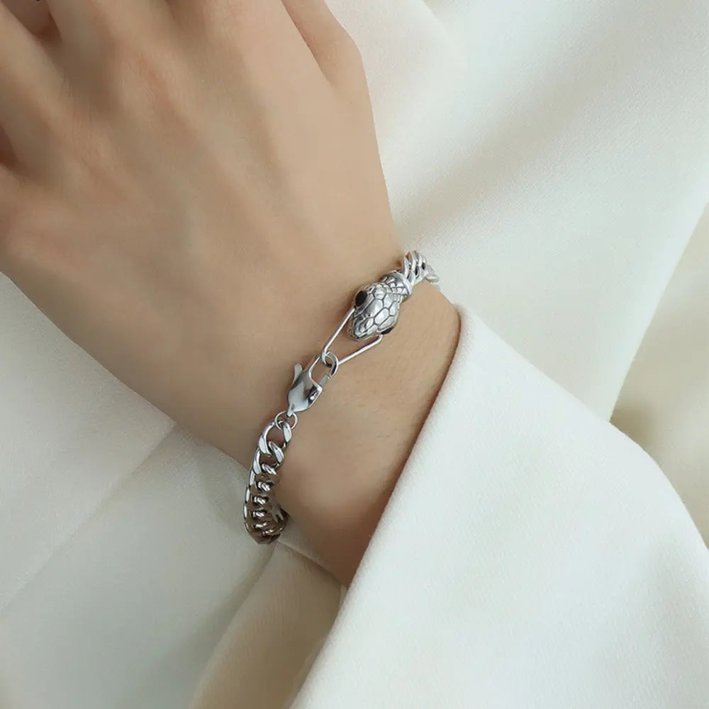 Snake Head Chain Titanium Steel Bracelet in Black/Silver - women's chain bracelet