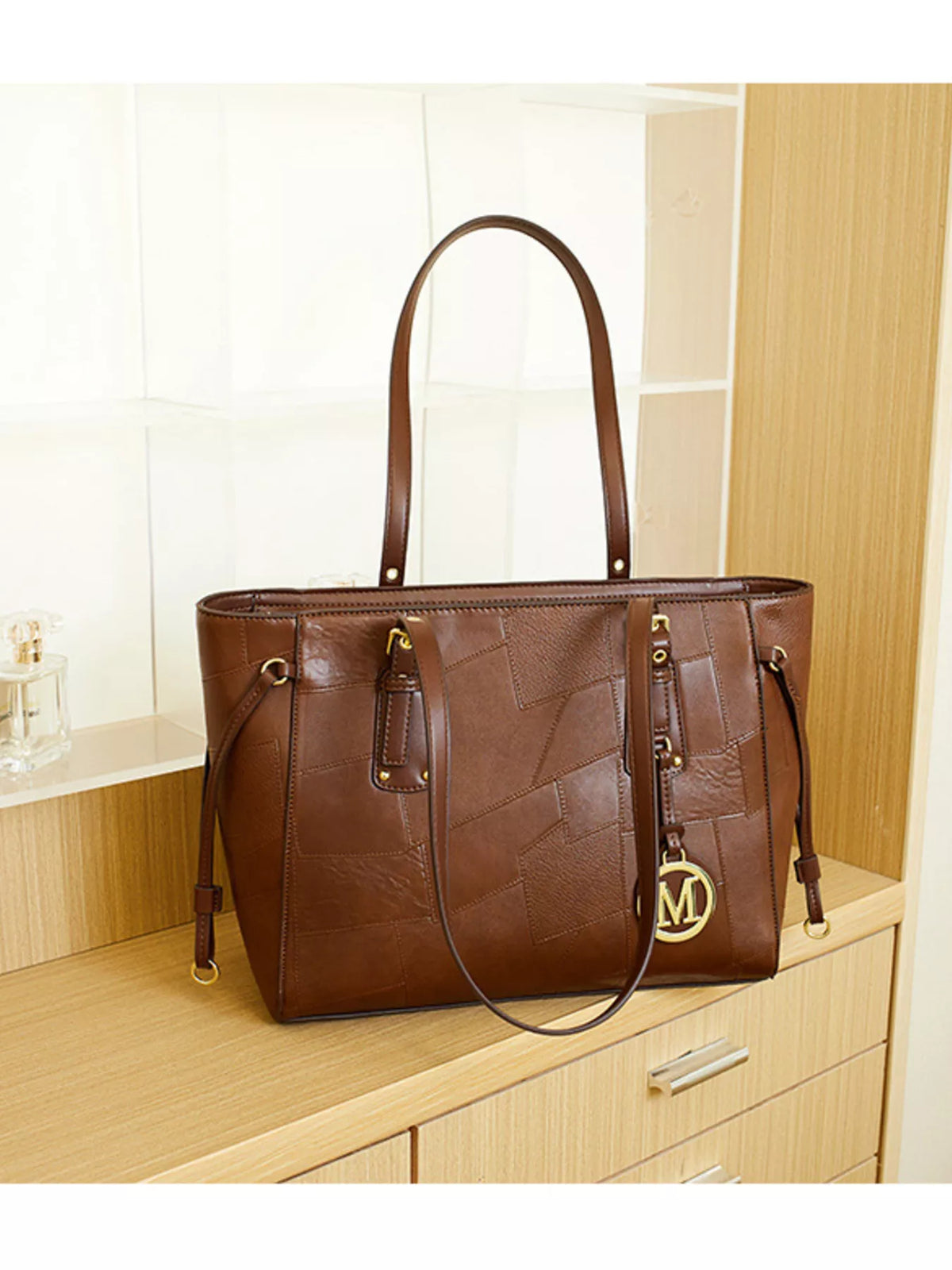 Patchwork Leather Tote Bag with Gold Logo Charm - alternate product view