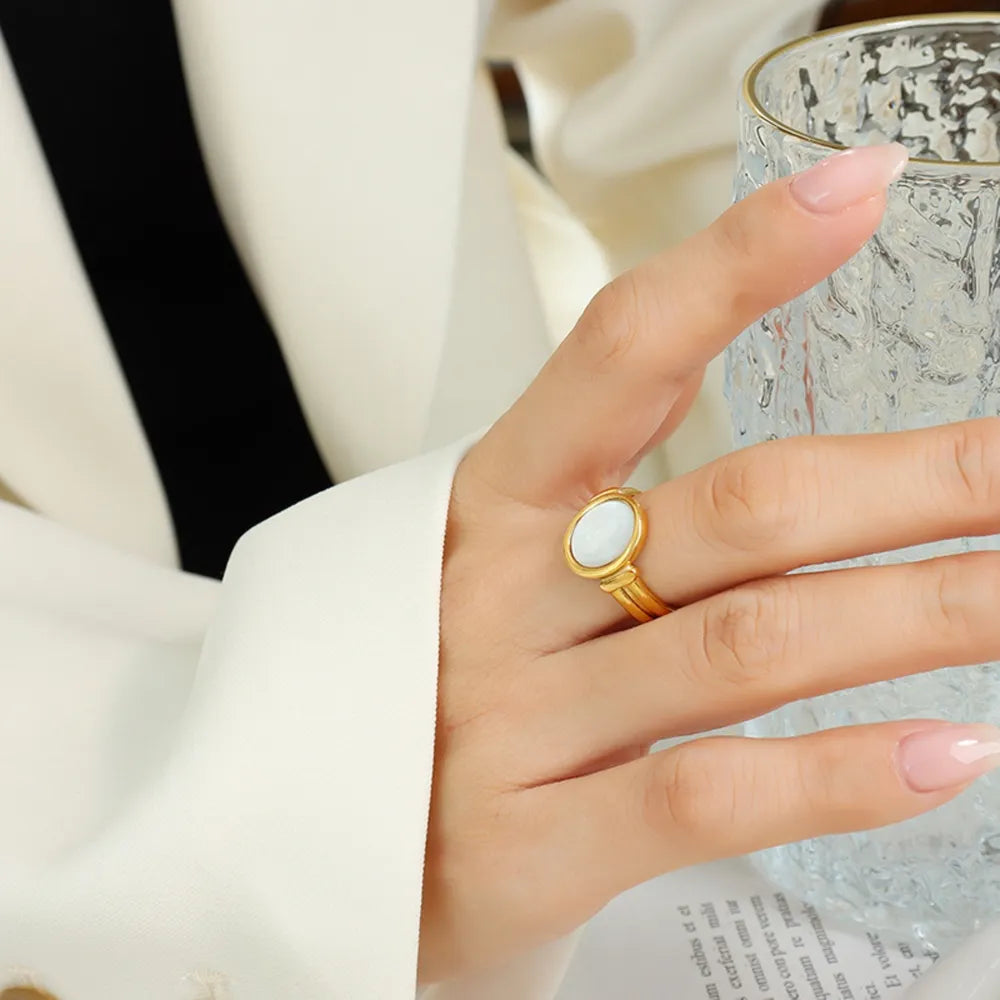 Titanium Steel White Sea Shell Ring in Gold - women's ring