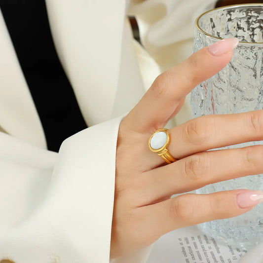 Titanium Steel White Sea Shell Ring in Gold - women's ring