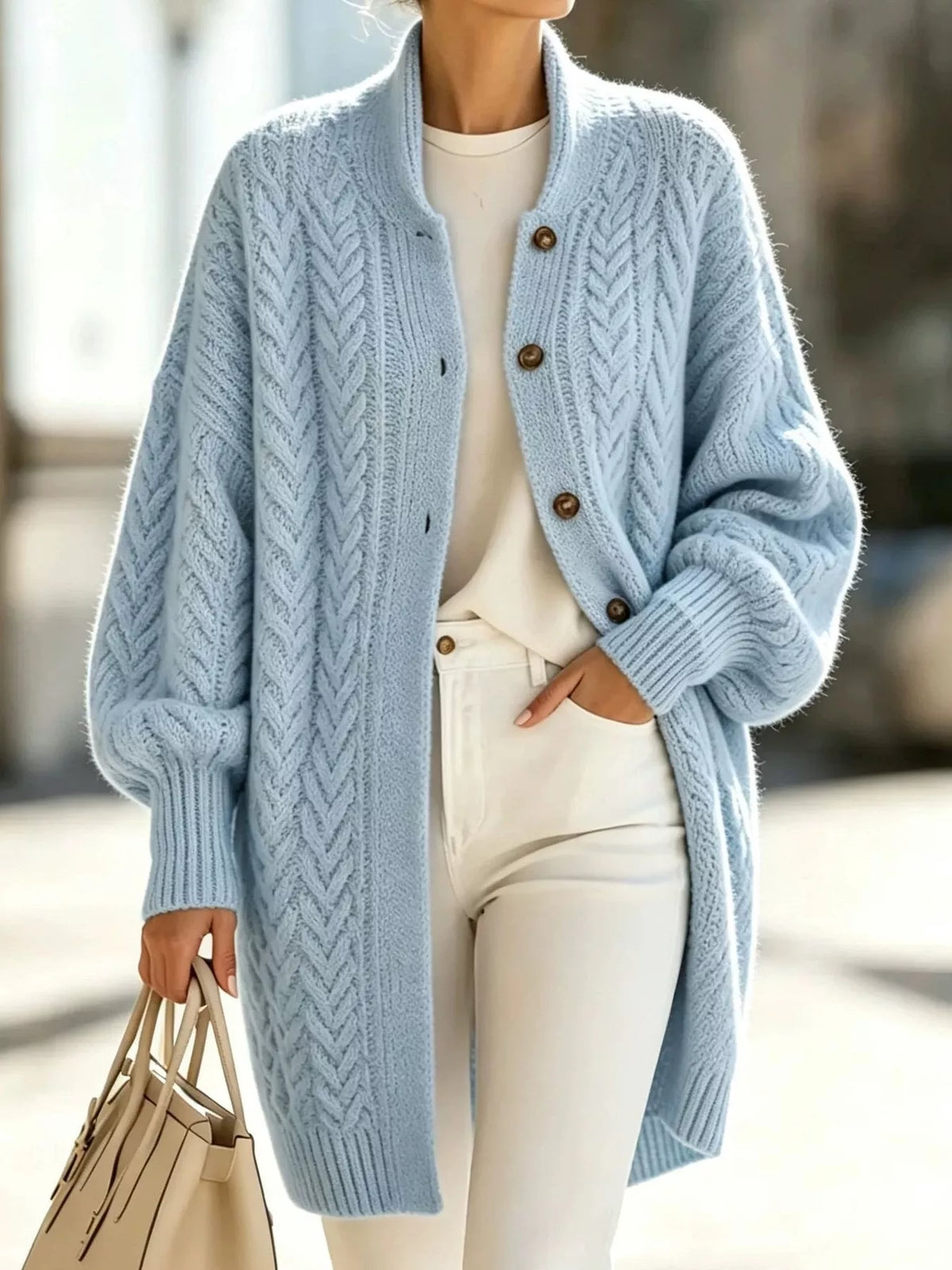Cable-Knit Button-Down Cardigan in Cream - women's cardigan