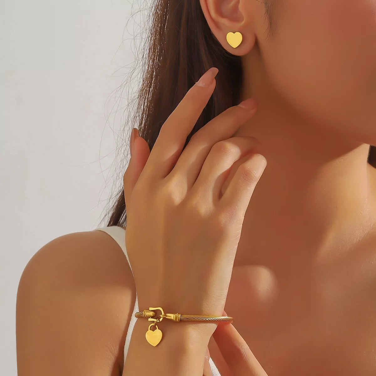 18K Gold-Plated Heart Earrings and Bracelet Set in Gold - women's bracelet and ring set
