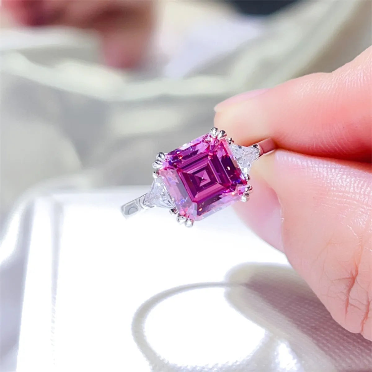 3 Carat Moissanite Sterling Silver Ring in Pink Purple - women's ring