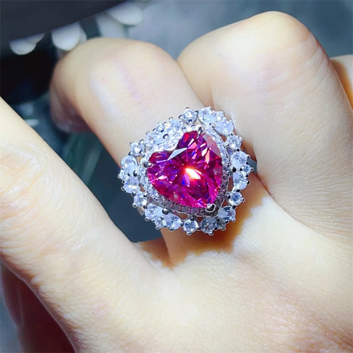 5 Carat Moissanite Sterling Silver Heart-Shaped Ring in Pink - women's ring