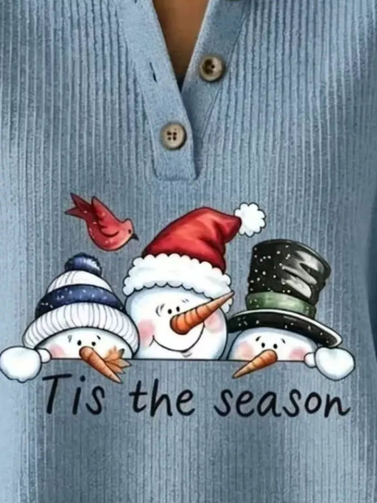 Christmas Themed Snowman Graphic Ribbed Henley Sweatshirt in Scarlet - women's sweatshirt