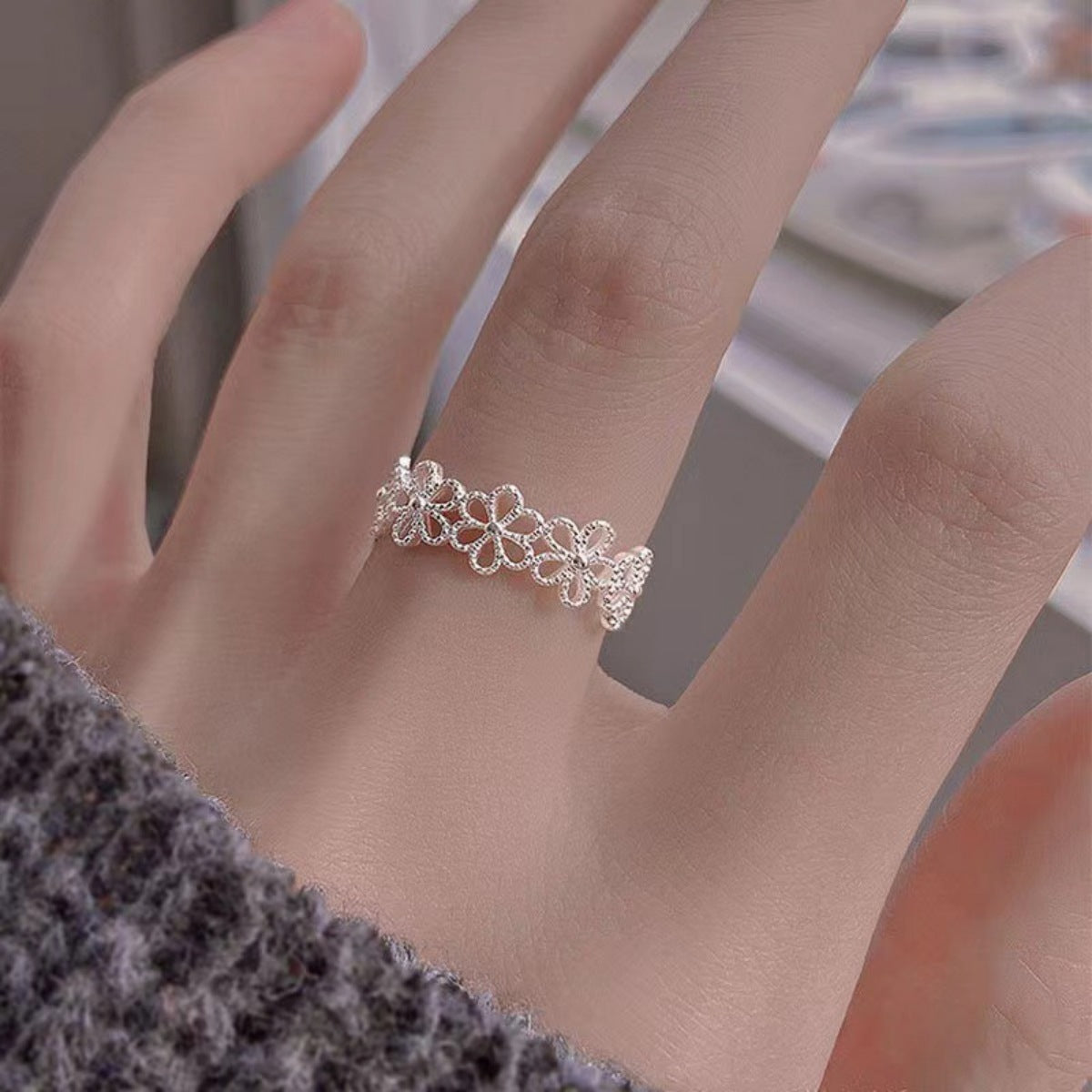 Floral Adjustable Open Ring - alternate ring view