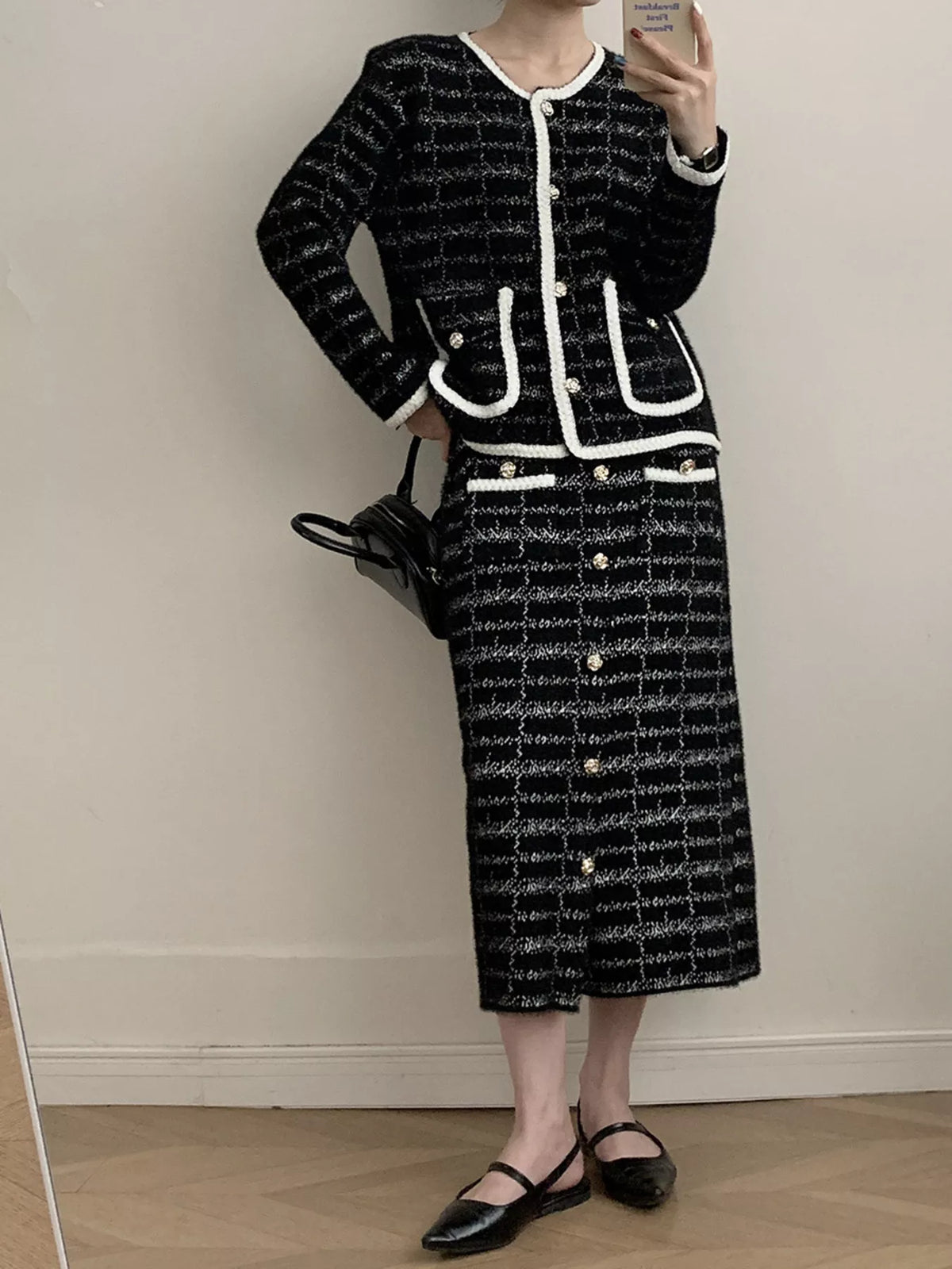 Tweed Contrast Trim Jacket and Skirt Set - alternate view