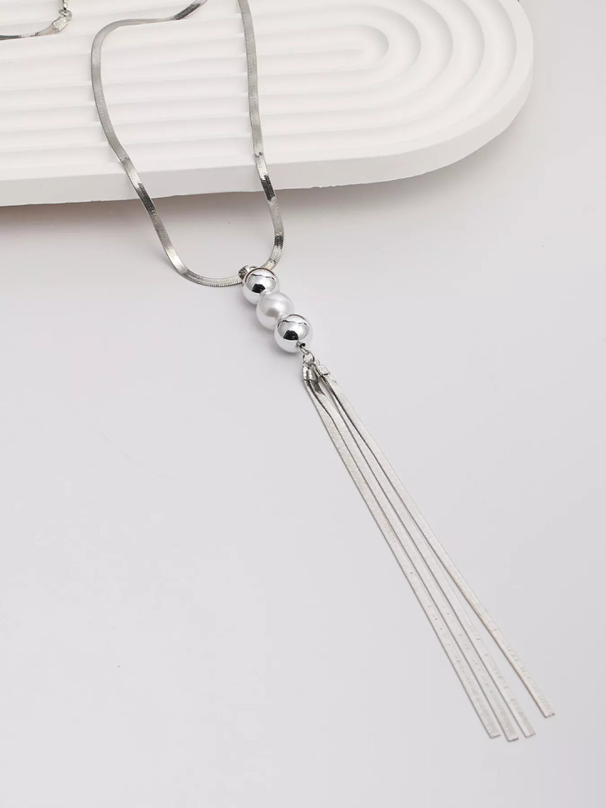 Alloy Silver-Plated Bead Tassel Necklace - alternate necklace view