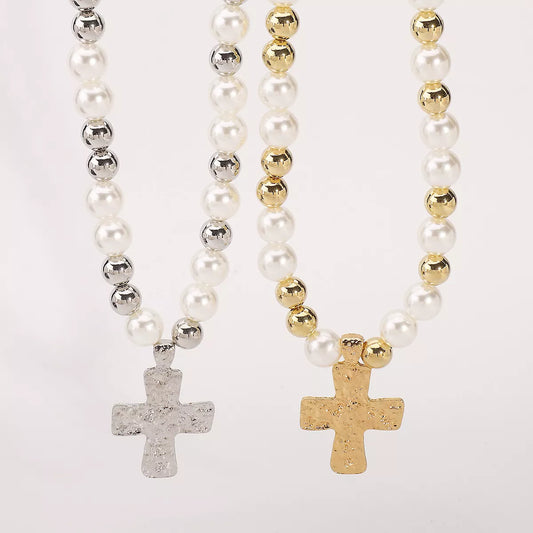 Pearl & Cross Pendant Necklace in Silver - women's pendant necklace