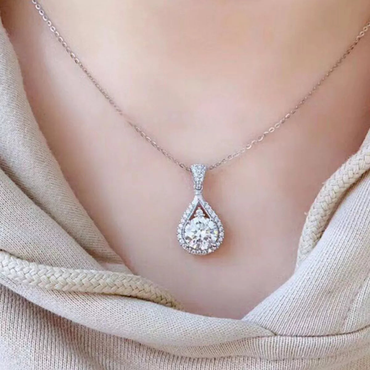 5 Carat Sterling Silver Moissanite Teardrop Necklace - alternate necklace view